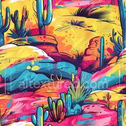 seamless Seamless 3D PBR Texture Featuring Vibrant Desert Graffiti with Cacti and Rock Elements texture 8k free download PBR