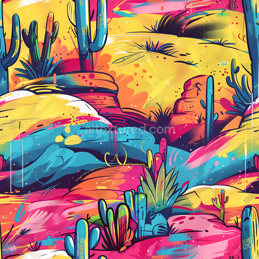 Seamless 3D PBR Texture Featuring Vibrant Desert Graffiti with Cacti and Rock Elements