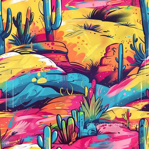 Seamless 3D PBR Texture Featuring Vibrant Desert Graffiti with Cacti and Rock Elements texture preview