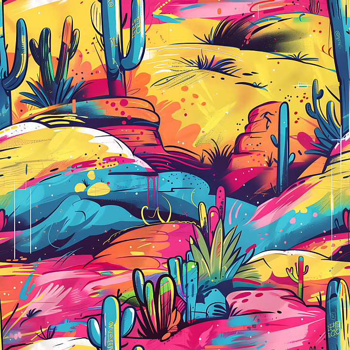 Featuring Vibrant Desert Graffiti with Cacti and Rock Elements seamless PBR texture preview