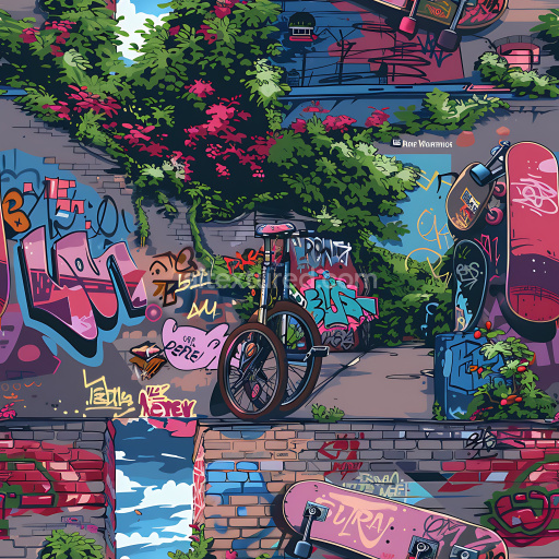 Seamless 3D PBR Graffiti Texture Featuring Colorful Urban Skate Art and Greenery