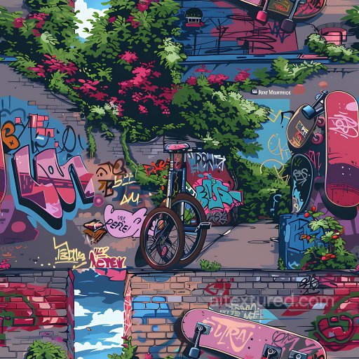 Seamless 3D PBR Graffiti Texture Featuring Colorful Urban Skate Art and Greenery texture preview
