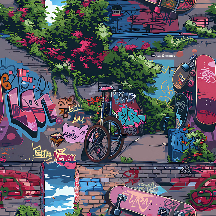 Graffiti Featuring Colorful Urban Skate Art and Greenery seamless PBR texture preview