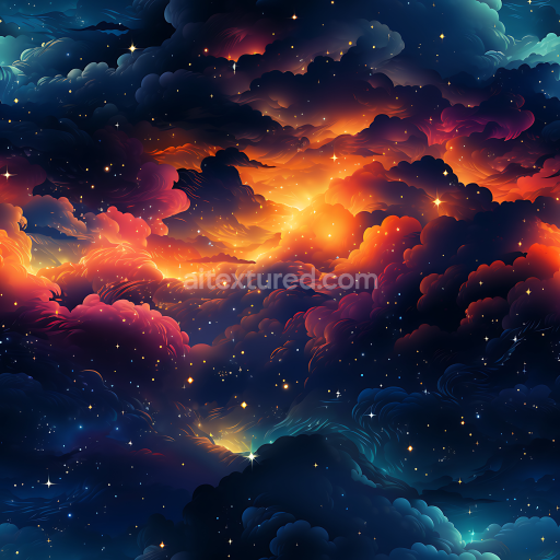 Seamless 3D Space PBR Texture Featuring Swirling Fiery Nebula Clouds and Starfield