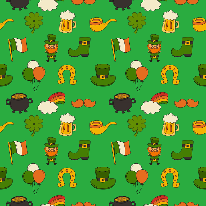 St Patrick Cartoon Digital Paper with Iconic Festive Motifs seamless PBR texture preview
