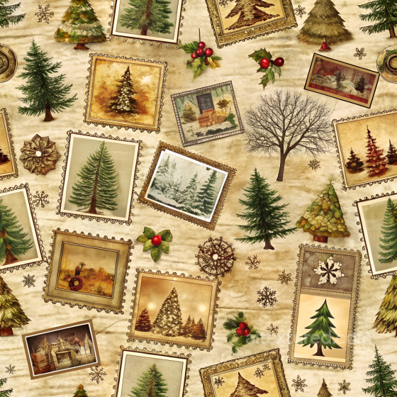 Vintage Christmas Fabric Texture with Pictures and Pine Trees Christmas vintage texture preview