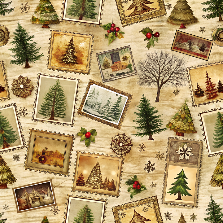Vintage Christmas Fabric with Pictures and Pine Trees Wood seamless PBR texture preview