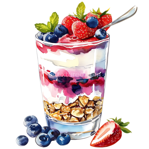 Watercolor Style Layered Yogurt Parfait Breakfast Graphic with Fresh Berries