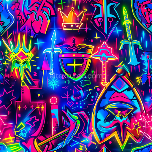 115_Graffiti Seamless 3D PBR Texture Featuring Neon Crowns and Swords with Vibrant Urban Graffiti Style