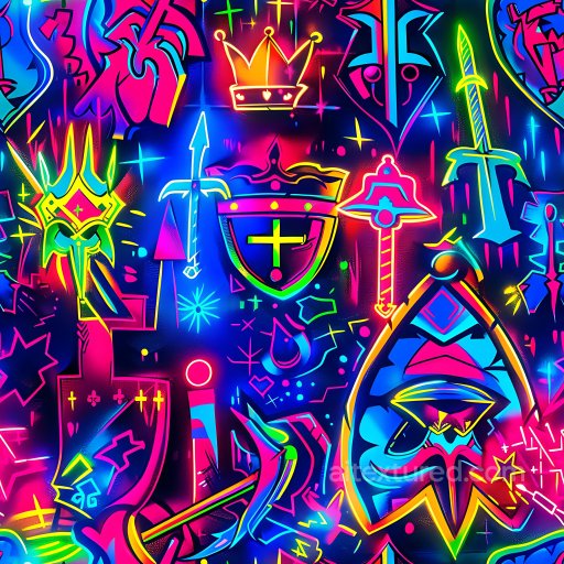 115_Graffiti Seamless 3D PBR Texture Featuring Neon Crowns and Swords with Vibrant Urban… texture preview