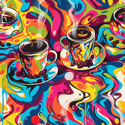 Seamless 3D PBR Texture with Vibrant Coffee Cups Graffiti Artwork