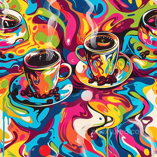 Seamless 3D PBR Texture with Vibrant Coffee Cups Graffiti Artwork texture preview