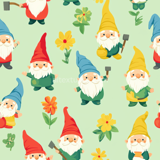 Seamless 3D PBR texture of whimsical colorful Easter garden gnomes and flowers