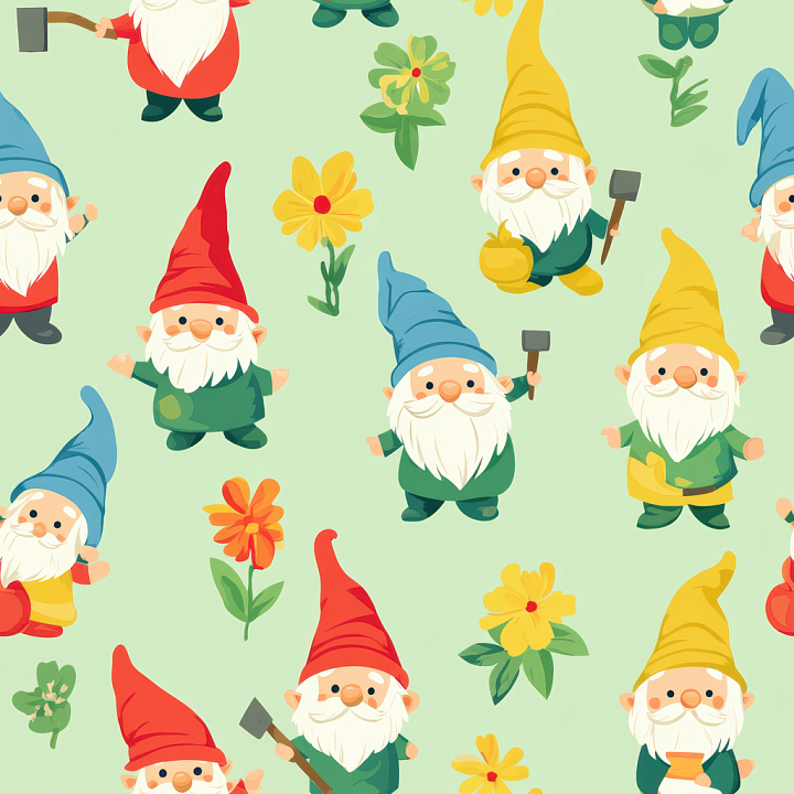 Of Whimsical Colorful Easter Garden Gnomes And Flowers seamless PBR texture preview