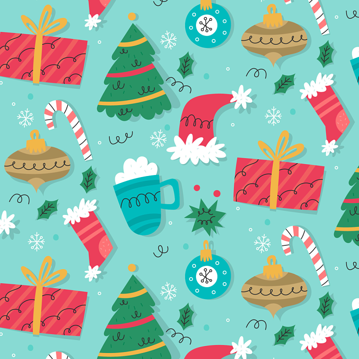 Christmas Digital Paper Featuring Holiday Icons on Light Cyan seamless PBR texture preview