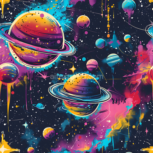 Seamless 3D PBR Graffiti Texture Featuring Vibrant Planets and Cosmic Spray Art