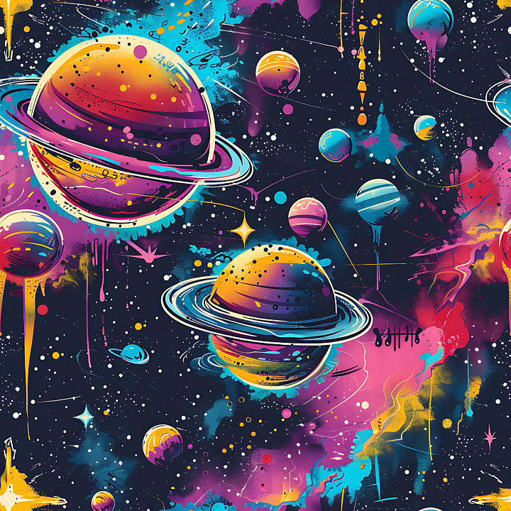 Graffiti Featuring Vibrant Planets and Cosmic Spray Art seamless PBR texture preview