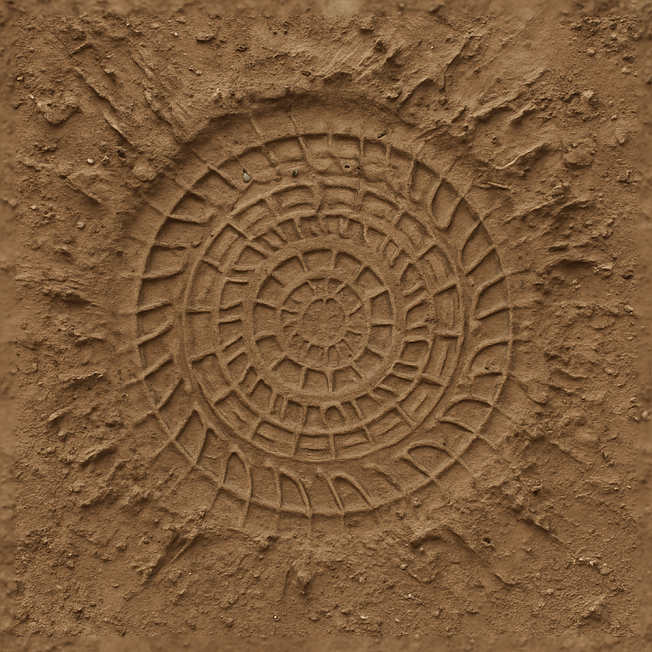 Fresh Tire Print On Wet Mud With Circular Pattern And Mud Splash Effects seamless PBR texture preview