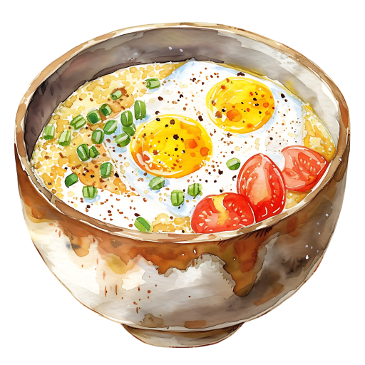 Watercolor Style Quinoa Breakfast Bowl with Fried Eggs and Vegetables