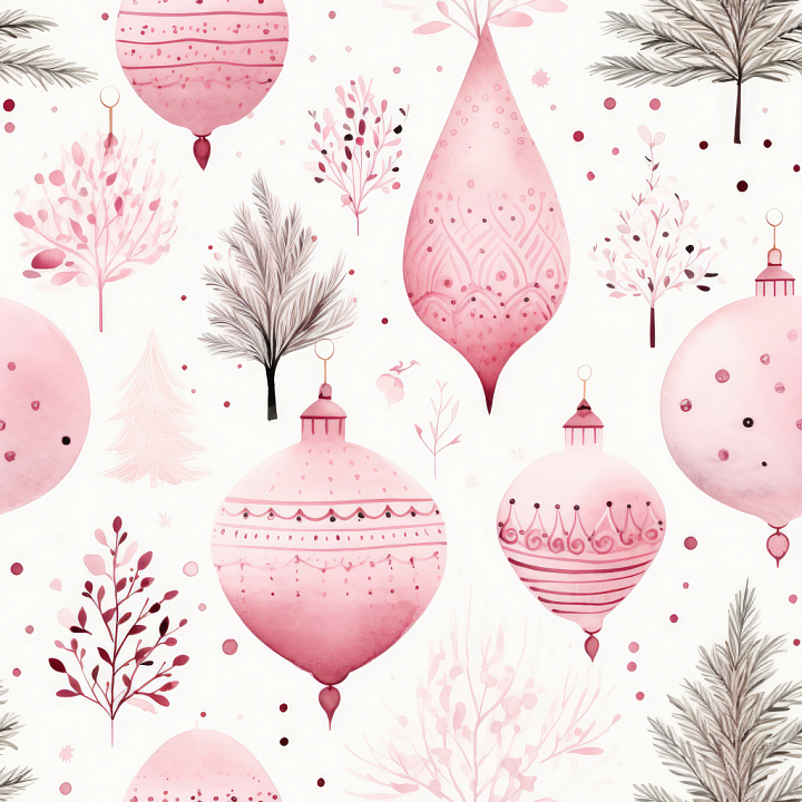 with Pink Christmas Baubles and Delicate Foliage Pattern seamless PBR texture preview