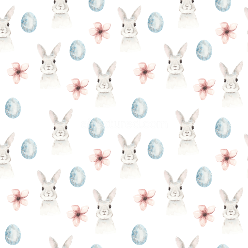 Seamless 3D PBR texture with cute watercolor bunnies, blue eggs, and pink flowers