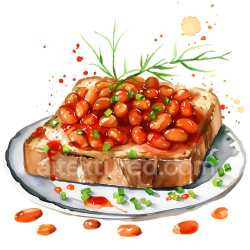seamless Watercolor Style Baked Beans on Toast Breakfast Clipart with Herbs texture 8k free download PBR