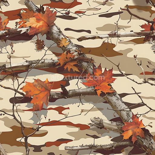 Seamless 3D autumn woodland camouflage PBR texture with brown leaves and branch overlays