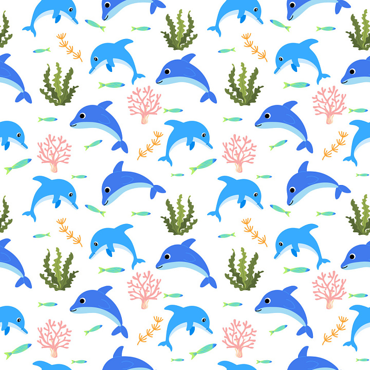 Pattern with Playful Dolphins and Underwater Motifs seamless PBR texture preview