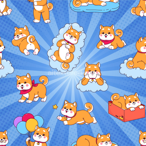 Seamless 3D PBR texture featuring playful cartoon baby dogs on blue background