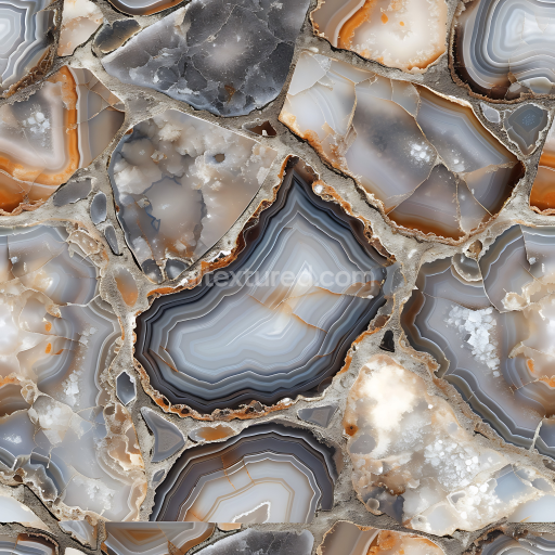Seamless 3D Agate Stone PBR Texture Featuring Crystal Layers and Earthy Veins
