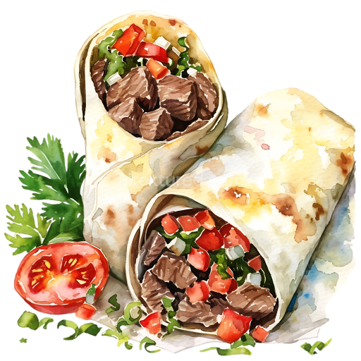 Watercolor Style Beef Burrito Breakfast Graphic with Tomatoes and Cilantro