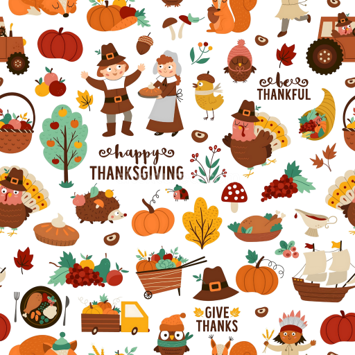 Seamless 3D PBR Texture Featuring Colorful Thanksgiving Cartoon Illustrations