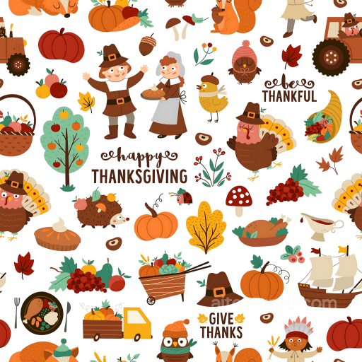 Featuring Colorful Thanksgiving Cartoon Illustrations seamless Thanksgiving PBR texture