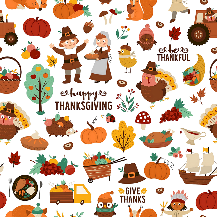 Featuring Colorful Thanksgiving Cartoon Illustrations seamless PBR texture preview