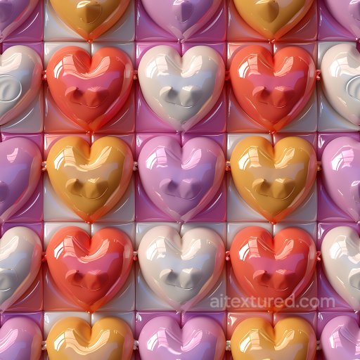 Inflated PBR Texture Featuring Glossy Heart-Shaped Balloon Panels in Pastel Colors seamless Inflated PBR texture