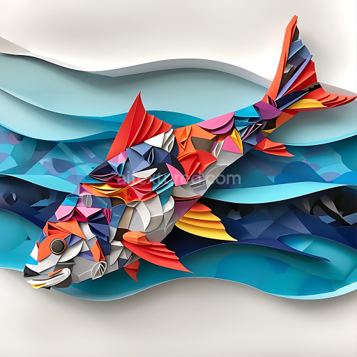 Seamless 3D PBR Texture Featuring Abstract Barracuda Fish Origami with Vibrant Multi-Color Layers