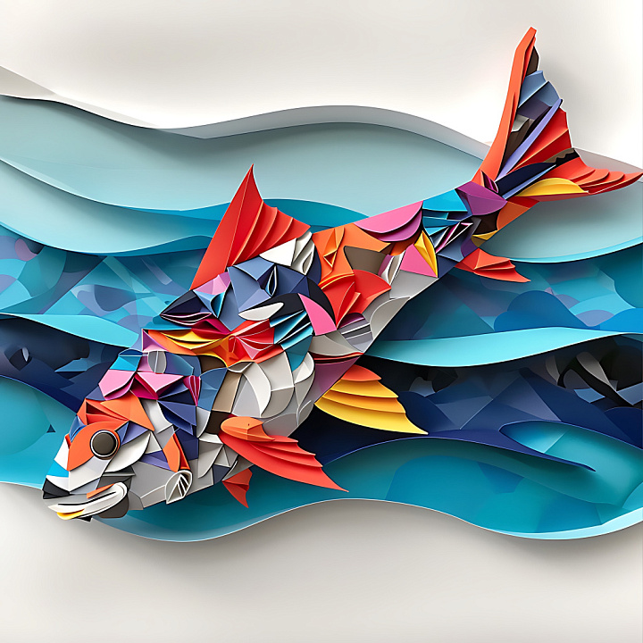 Featuring Abstract Barracuda Fish Origami with Vibrant Multi-Color Laye… seamless PBR texture preview