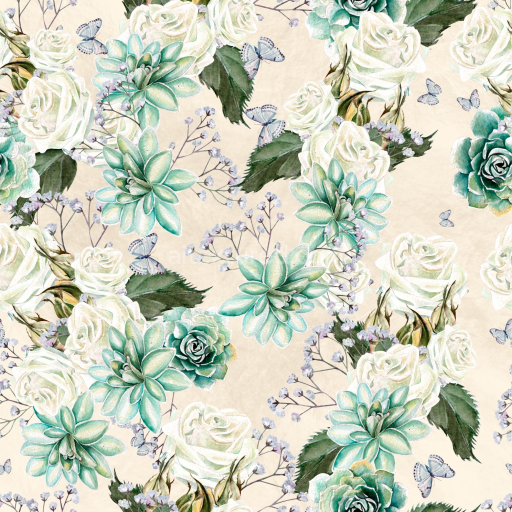 Seamless 3D PBR Texture Featuring Watercolor Succulents and White Roses