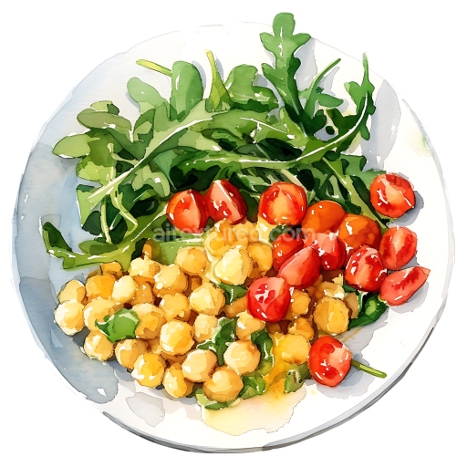 Watercolor Style Breakfast Plate with Scrambled Chickpeas, Cherry Tomatoes, and Fresh Arugula
