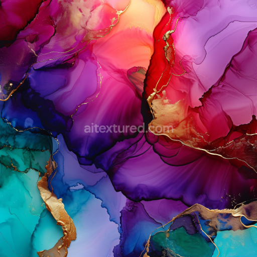 Seamless 3D Alcohol Ink PBR Texture Featuring Violet Waves and Gold Veining