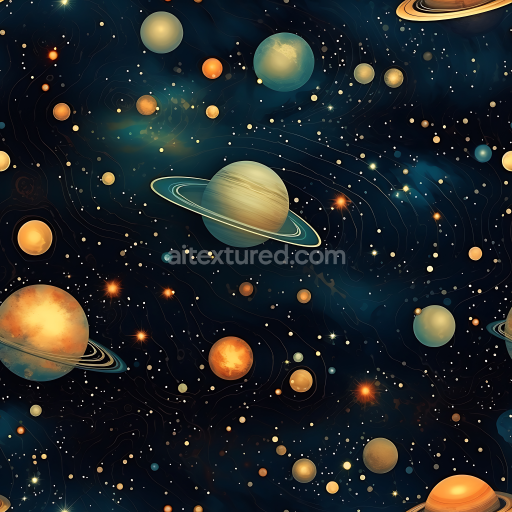 Seamless 3D Space PBR Texture Featuring Stylized Planets and Starfield