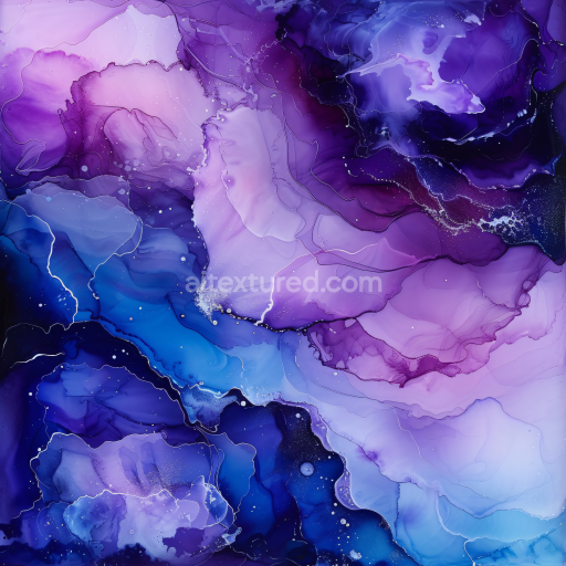Seamless 3D Alcohol Ink PBR Texture Featuring Fluid Purple and Blue Swirls with Delicate Veins
