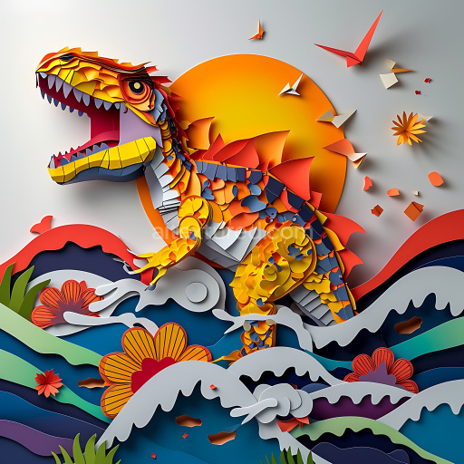 Seamless 3D PBR Dinosaur Origami Texture with Vibrant Orange and Blue Pattern