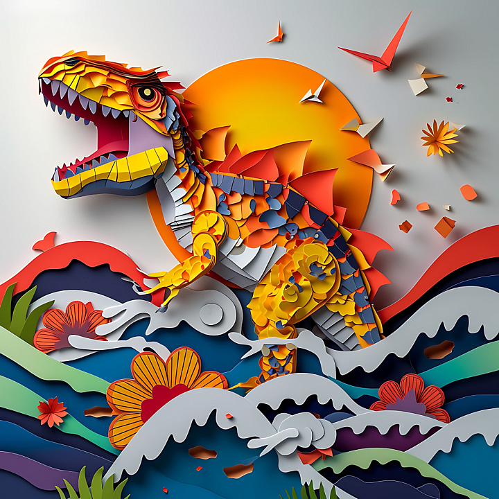 Dinosaur Origami with Vibrant Orange and Blue Pattern seamless PBR texture preview