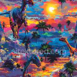 seamless Seamless 3D PBR graffiti texture featuring colorful dinosaurs and tropical sunset texture 8k free download PBR