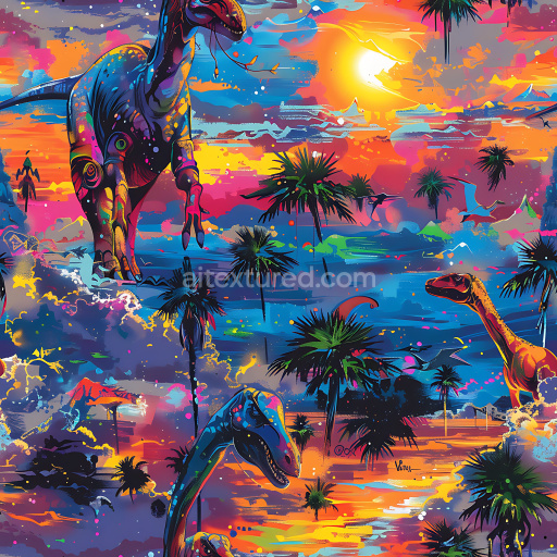 Seamless 3D PBR graffiti texture featuring colorful dinosaurs and tropical sunset