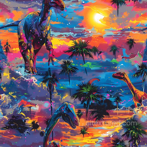 Seamless 3D PBR graffiti texture featuring colorful dinosaurs and tropical sunset texture preview