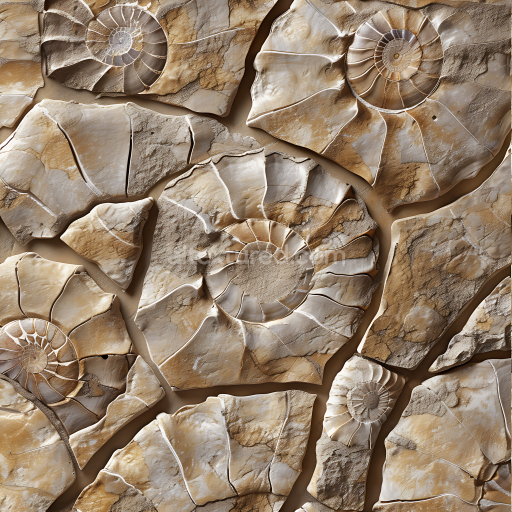Seamless 3D Fossilized Stone PBR Texture Featuring Ammonite Shell Imprints and Weathered Surfaces