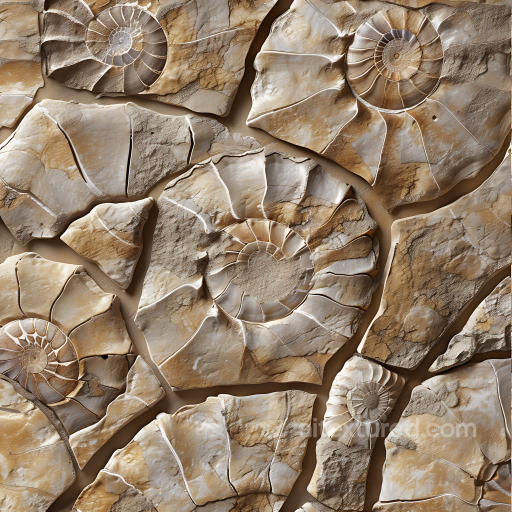 Fossilized Stone PBR Texture Featuring Ammonite Shell Imprints and Weathered Surfaces seamless Stone PBR texture