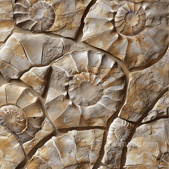 Fossilized Stone PBR Texture Featuring Ammonite Shell Imprints and Weathered Surfaces Stone texture preview